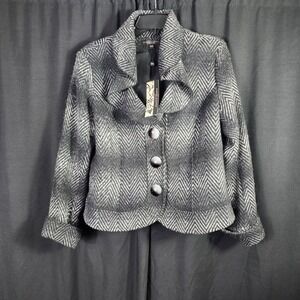 Robert Kitchen Canada Herringbone Ruffle Collar Jacket Black Grey Wool Blend 10